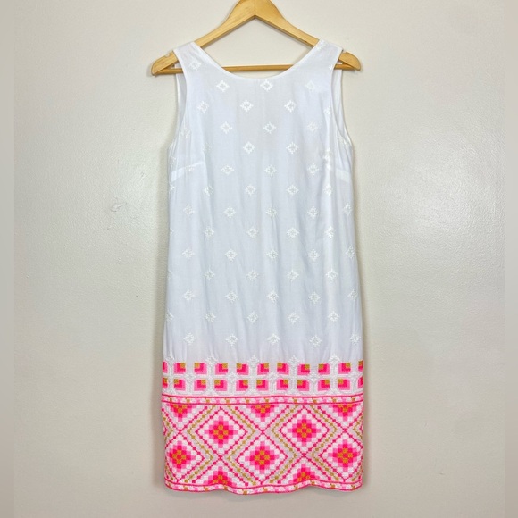 Vilagallo White Sleeveless Shift Dress | Embroidered Neon Pink Boho Size - Picture 1 of 8